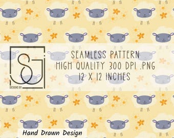 Yellow Lamb Seamless Pattern, Fabric Print PNG (Digital Download)