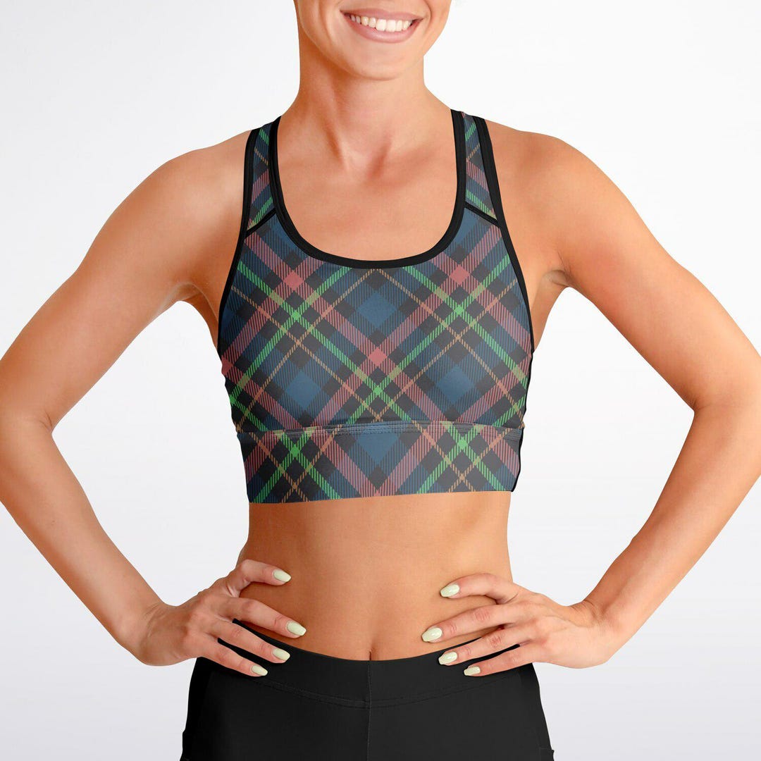 Green Plaid Tartan Print Sports Bra