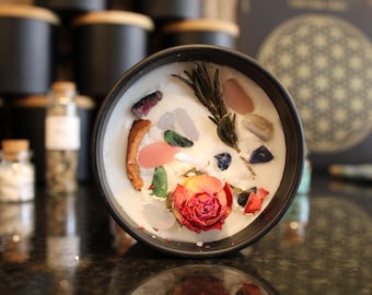 Love and Peace Soy Candle: Crystal & Herb Infused Intention Candle