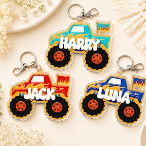 Custom Monster Truck Name Keychain, Kids Backpack Tag, Personalized Boys Bag Charm, Back to School Gift, Birthday Favor for Boys, Kid Gifts