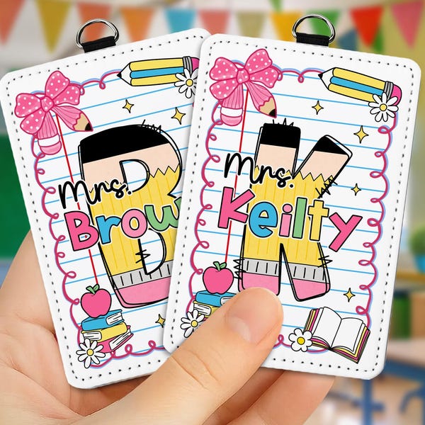 Personalized Teacher ID Badge Holder: Faux Leather Pencil Design