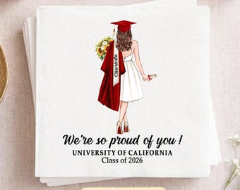 Custom Graduation Napkins For Her: College University Name Graduation Napkin, Graduation Gifts For Daughter, Graduation Party Decor for Girl