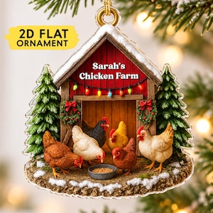 May include: A 2D flat Christmas ornament shaped like a barn with a snowy roof, featuring the text Sarah's Chicken Farm, a string of colorful lights, two wreaths, and five chickens of various colors eating from a bowl on the ground.