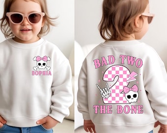 Bad Two The Bone Toddler Shirt, 2nd Birthday Girl Outfit, Personalized Name Kids Sweatshirt, Cute Skull Birthday Shirt, Second Birthday Gift