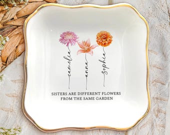 Personalized Sister Birth Flower Ceramic Jewelry Dish: Ceramic Friends Trinket Tray, Bestie Gift