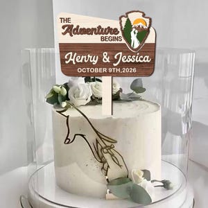 Adornos personalizados para tartas de boda: Regalo de boda "La aventura comienza", adorno personalizado para tarta de parque nacional, decoración para tartas de boda. imagen 7