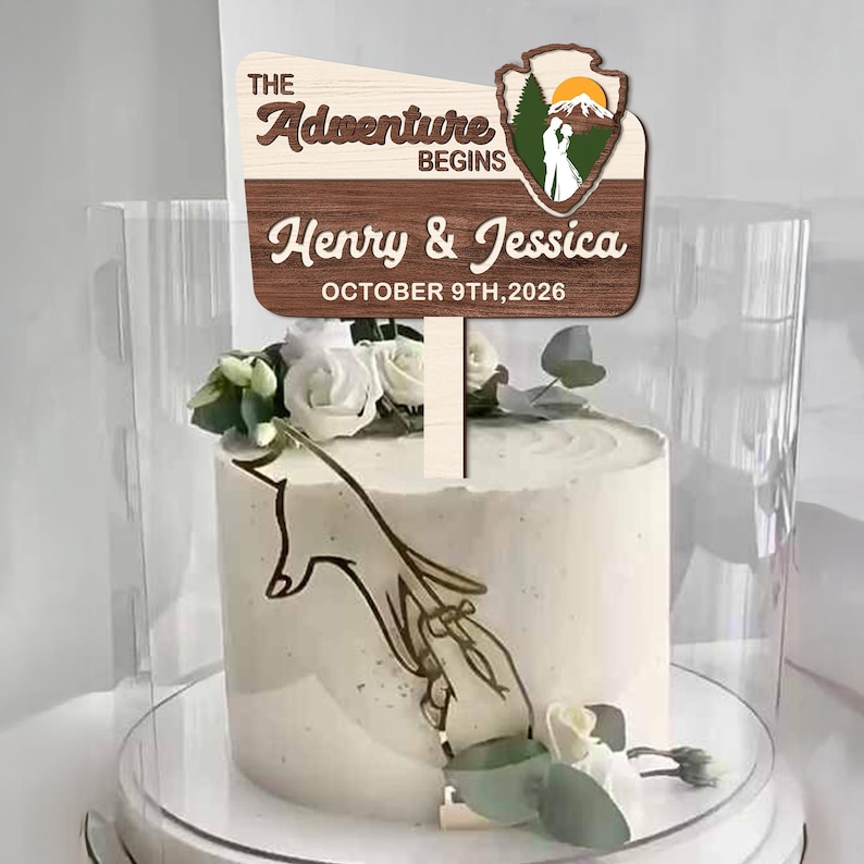 Adornos personalizados para tartas de boda: Regalo de boda "La aventura comienza", adorno personalizado para tarta de parque nacional, decoración para tartas de boda. imagen 7