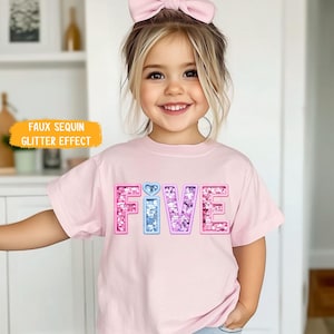 Faux Sequin Glittery 5th Birthday Girl Shirt, Pink 5th Birthday Shirt for Girls, Cute Sparkle Letter Tee, Birthday Outfit for Toddler & Kid