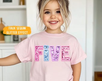 Faux Sequin Glittery 5th Birthday Girl Shirt, Pink 5th Birthday Shirt for Girls, Cute Sparkle Letter Tee, Birthday Outfit for Toddler & Kid