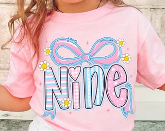 Camiseta Coquette para niña de 9 años: Camiseta personalizada para niña con la edad indicada, camiseta para fiesta de cumpleaños de nueve años para niños, conjunto de cumpleaños con lazo rosa, camiseta para fiesta infantil.