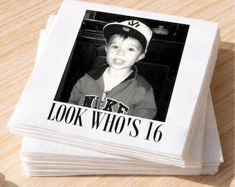 Custom Vintage Birthday Photo Napkins, Looks Who 16 Napkin, 16th Birthday Party Decor for Boy, Milestone Birthday Napkin For Him, Her