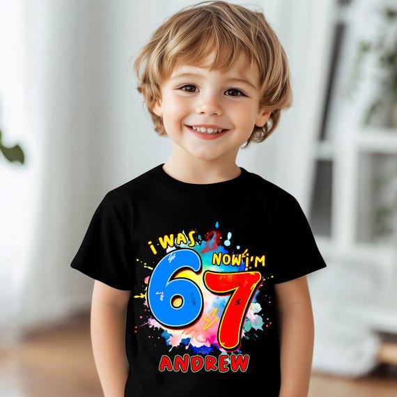 I Was 6 Now I’m 7 Birthday Shirt, Personalized Name Kids Tee, Funny 7th Birthday Meme Shirt for Kids, 67 Meme Birthday Tee,6 Turning 7 Bday