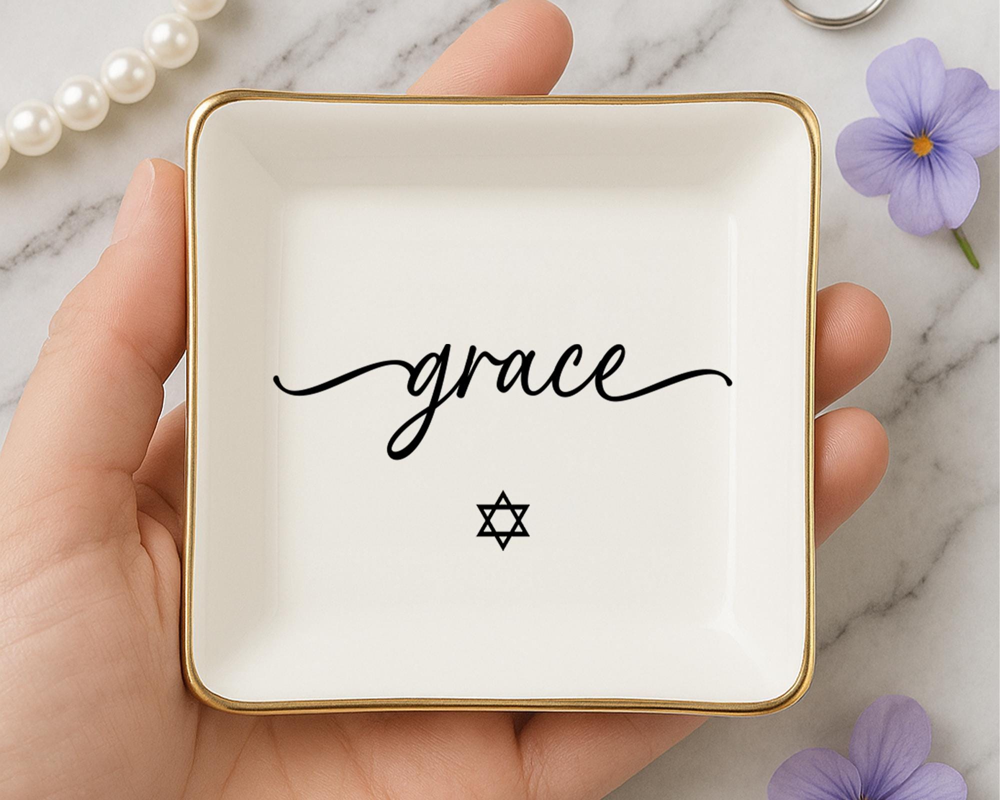 Personalized Jewish Ring Dish, Custom Name Jewelry Tray with Star of David, Hanukkah Gift,Bat Mitzvah Gift,Hebrew Faith Keepsake.Ring Holder