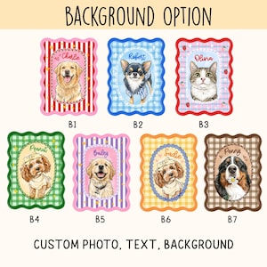 May include: Seven rectangular scalloped-edge frames labeled B1 through B7, each featuring a custom illustration of a pet with a name and unique patterned background. The designs include various dog and cat breeds, colorful gingham, striped, and strawberry motifs.