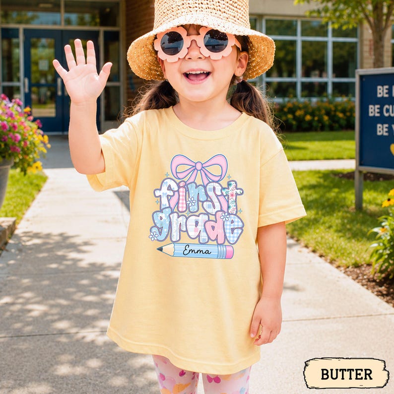 Custom Kids Name Back To School, Girl First Grade Shirt, Preppy 1st Grade Shirt for Girls, Elementary First Day Of School Outfit image 3