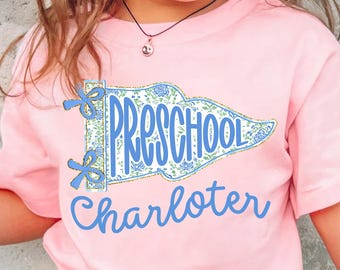 Preschool Back to School Shirt for Girls, Custom Name Pennant Flag Shirt, Coquette First Day of School Shirt,Preschool Shirt,School Flag Tee