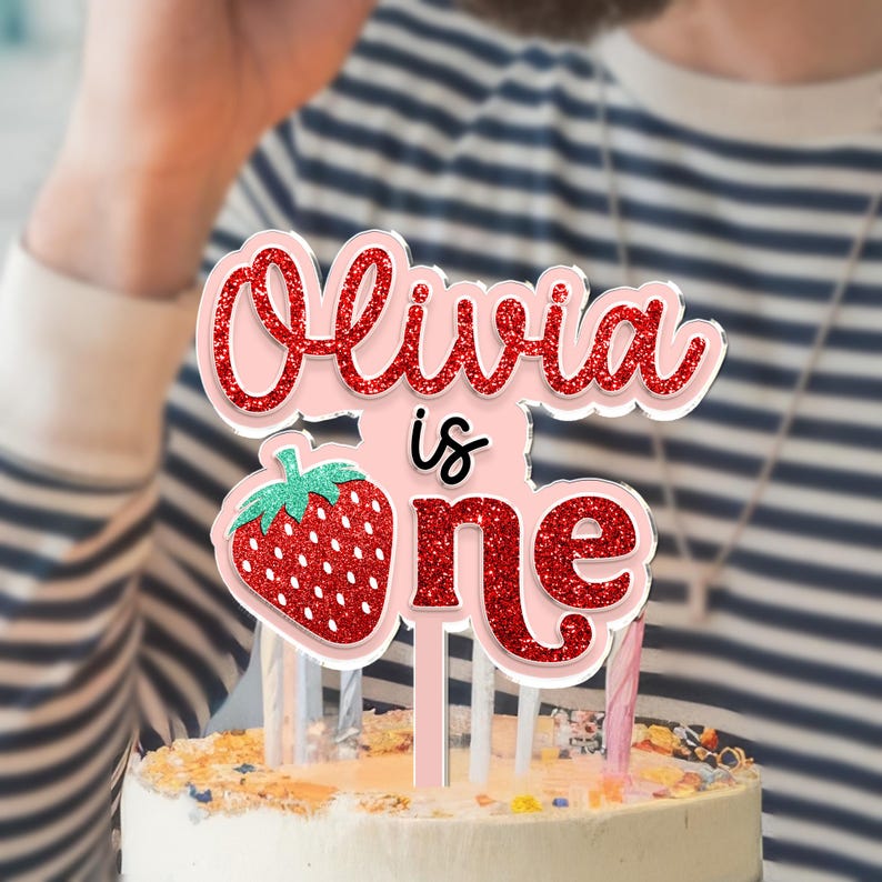 Adorno para tarta de primer cumpleaños personalizado con fresa, adorno para tarta de primer cumpleaños con bayas, decoración personalizada con nombre para el primer cumpleaños, decoración para fiesta de Sweet One imagen 6