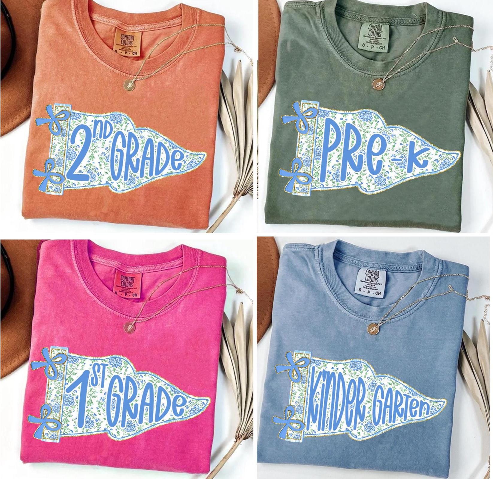 Custom Pennants Teacher Grade Shirt, School Spirit Teacher Tee, Floral Pennant Back to School Shirt, Coquette Bow Pre-K Pennant Flag