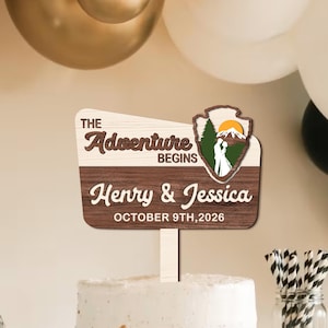 Adornos personalizados para tartas de boda: Regalo de boda "La aventura comienza", adorno personalizado para tarta de parque nacional, decoración para tartas de boda. imagen 5