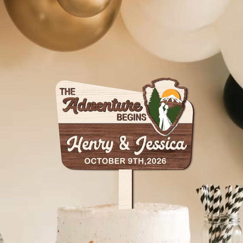 Adornos personalizados para tartas de boda: Regalo de boda "La aventura comienza", adorno personalizado para tarta de parque nacional, decoración para tartas de boda. imagen 5
