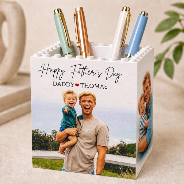 Personalised Daddy & Me Brick Photo Block Pencil Pot, First Fathers Day Gift, Gift for Dad, Picture Family Keesake