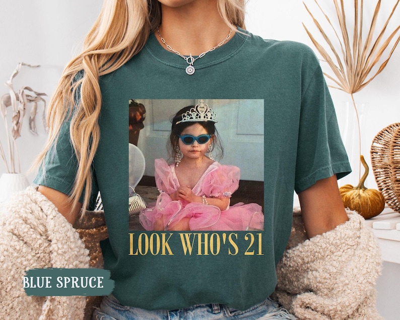 Personalized Vintage Photo 21st Birthday Shirt, Look Who’s 21 Funny Shirt, Custom Photo & Age Birthday Tee, Vintage Birthday Gift for Her image 2