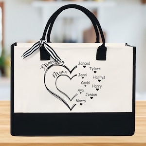 Personalized Grandma Cotton Canvas Tote Bag, Grandma Heart with Kids Names, Great Grandma Bag, First Mothers Day Gift for Mom, Grandma Gift