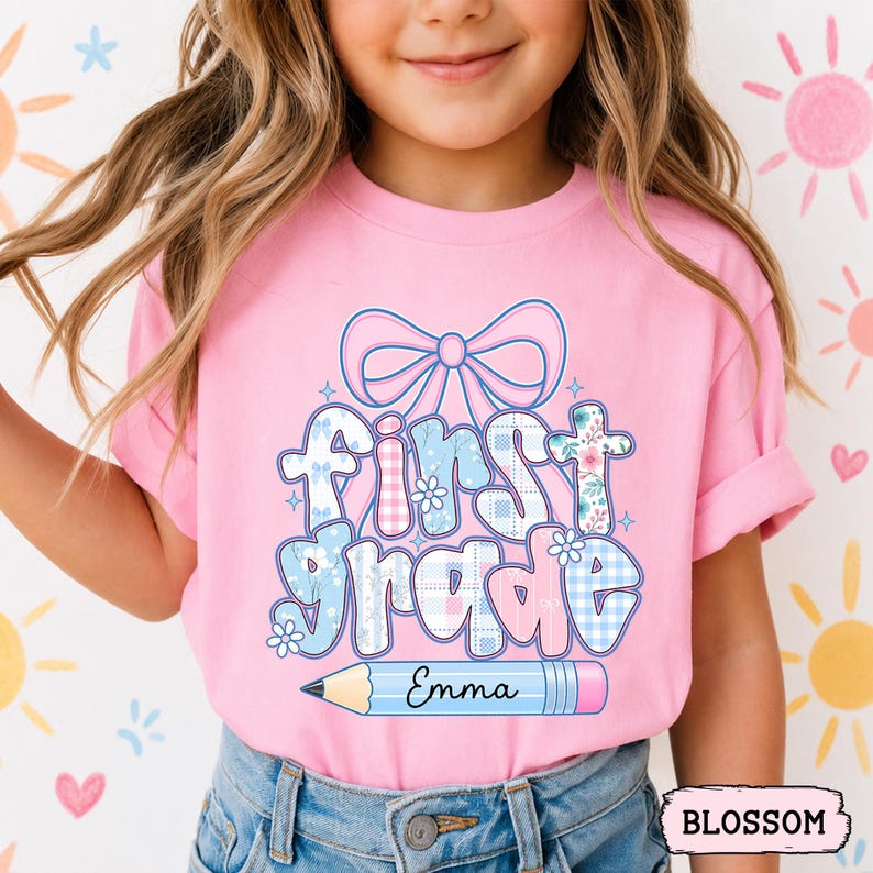 Custom Kids Name Back To School, Girl First Grade Shirt, Preppy 1st Grade Shirt for Girls, Elementary First Day Of School Outfit image 9