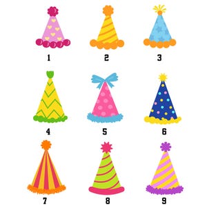 May include: A collection of nine colorful party hats arranged in a grid, each numbered one through nine. The hats feature various patterns including hearts, stripes, stars, polka dots, and zigzags, topped with pom-poms or star-shaped accents.