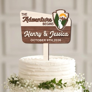Adornos personalizados para tartas de boda: Regalo de boda "La aventura comienza", adorno personalizado para tarta de parque nacional, decoración para tartas de boda. imagen 4