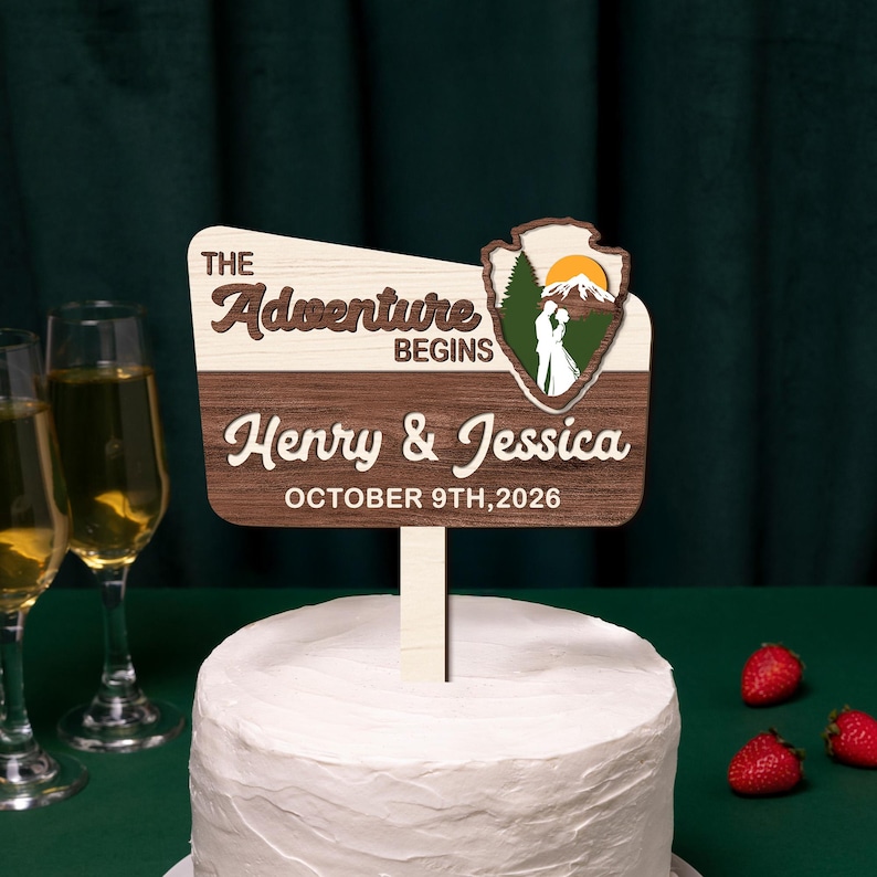 Adornos personalizados para tartas de boda: Regalo de boda "La aventura comienza", adorno personalizado para tarta de parque nacional, decoración para tartas de boda. imagen 2