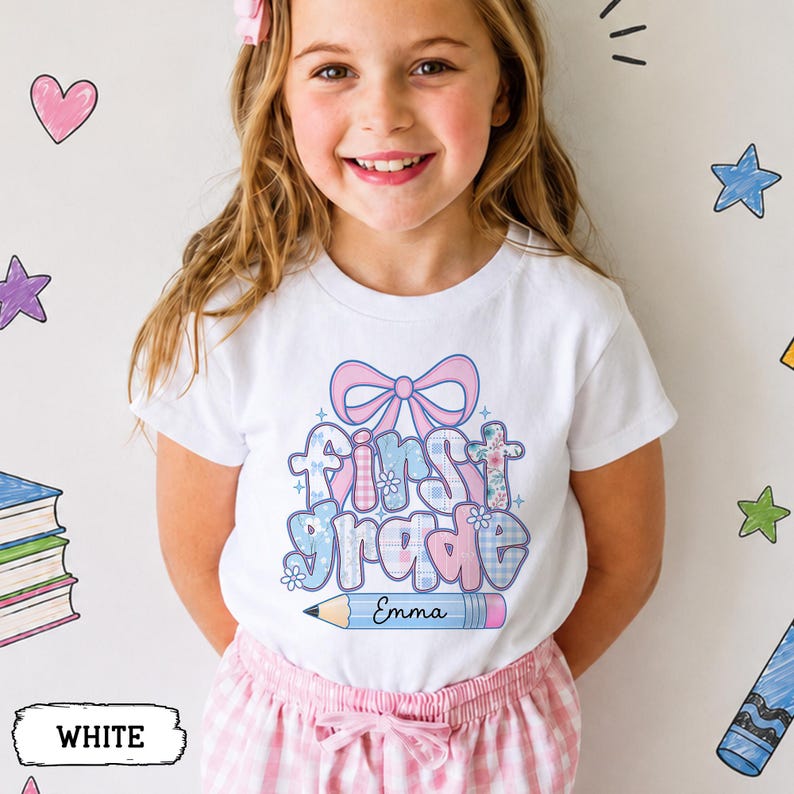 Custom Kids Name Back To School, Girl First Grade Shirt, Preppy 1st Grade Shirt for Girls, Elementary First Day Of School Outfit image 4