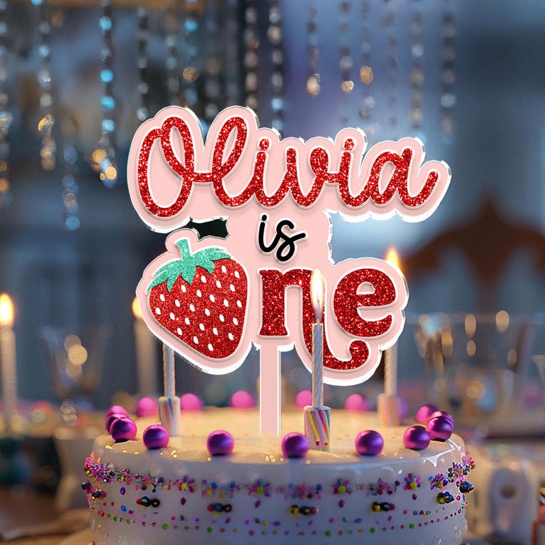 Adorno para tarta de primer cumpleaños personalizado con fresa, adorno para tarta de primer cumpleaños con bayas, decoración personalizada con nombre para el primer cumpleaños, decoración para fiesta de Sweet One imagen 8