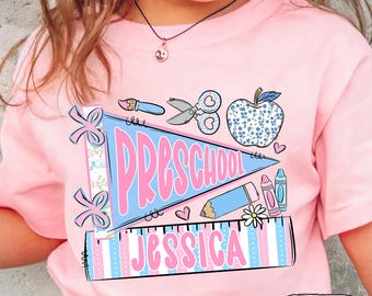 Coquette Back To School Shirt: Custom Name Pennant, PreK Outfit