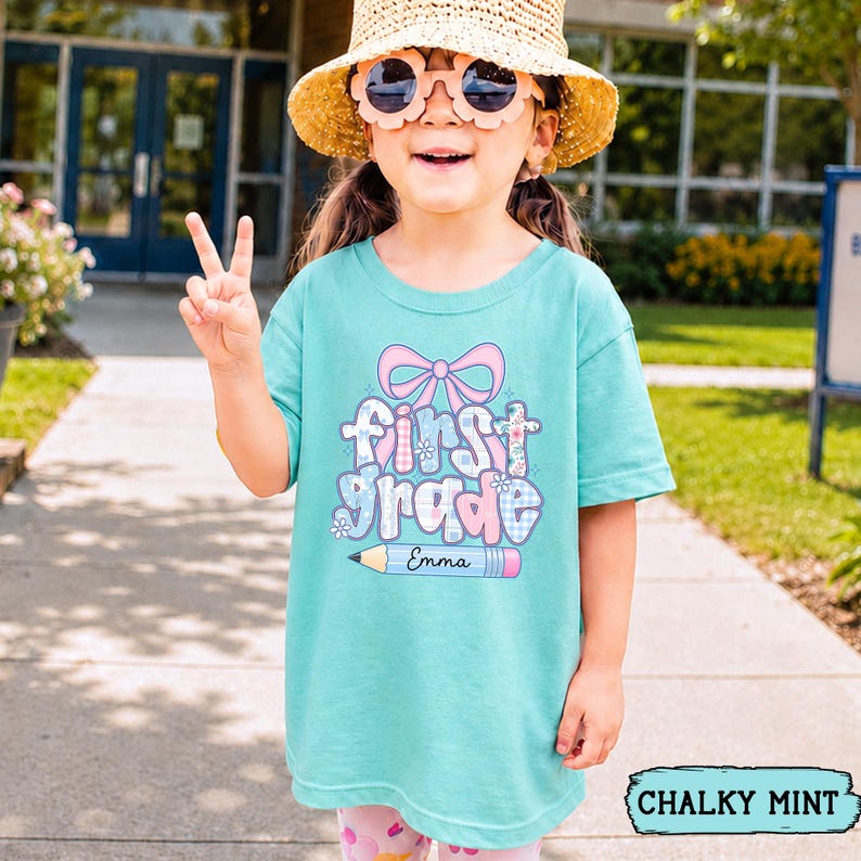 Custom Kids Name Back To School, Girl First Grade Shirt, Preppy 1st Grade Shirt for Girls, Elementary First Day Of School Outfit image 16