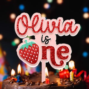 Adorno para tarta de primer cumpleaños personalizado con fresa, adorno para tarta de primer cumpleaños con bayas, decoración personalizada con nombre para el primer cumpleaños, decoración para fiesta de Sweet One imagen 7