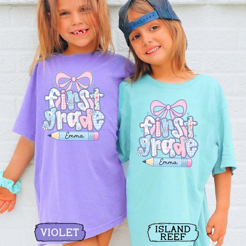 Custom Kids Name Back To School, Girl First Grade Shirt, Preppy 1st Grade Shirt for Girls, Elementary First Day Of School Outfit image 7
