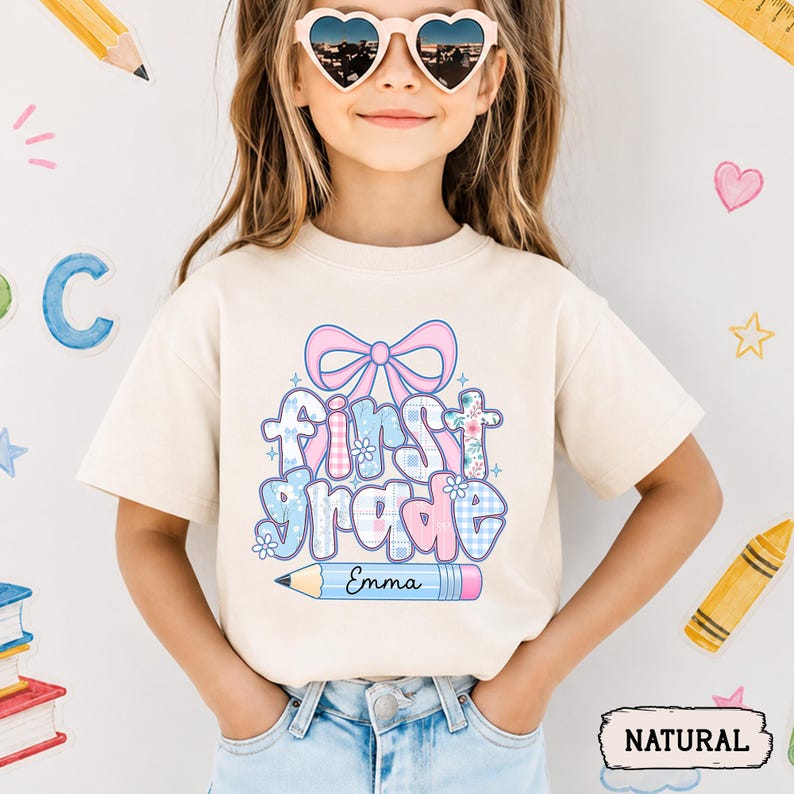 Custom Kids Name Back To School, Girl First Grade Shirt, Preppy 1st Grade Shirt for Girls, Elementary First Day Of School Outfit image 5