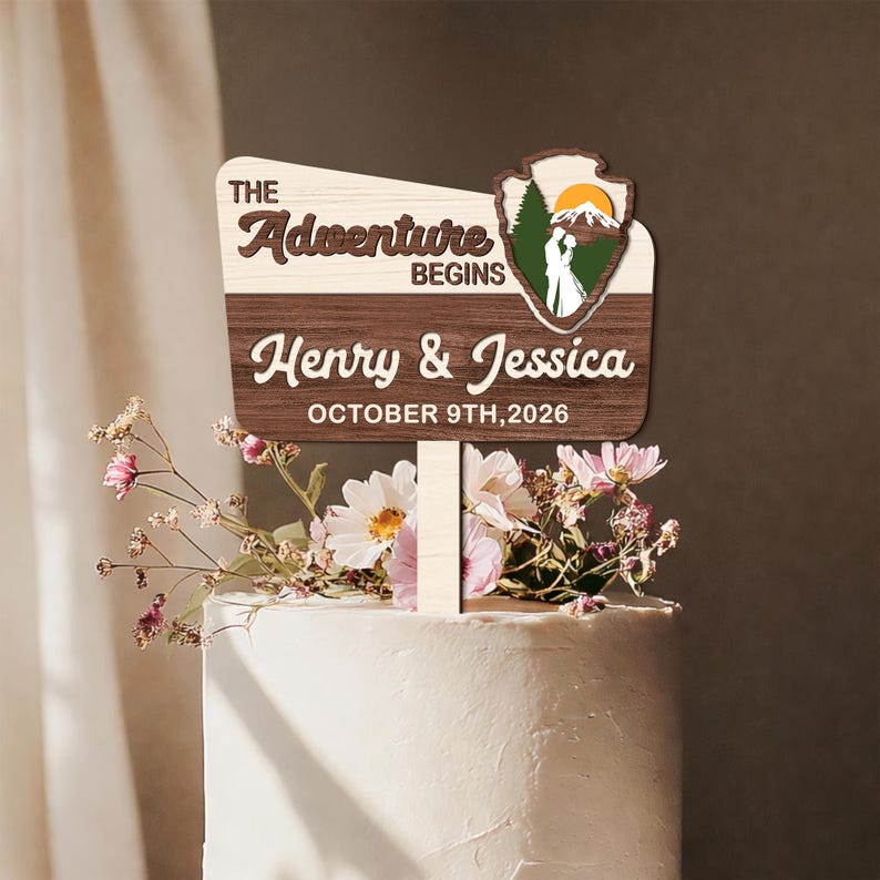 Adornos personalizados para tartas de boda: Regalo de boda "La aventura comienza", adorno personalizado para tarta de parque nacional, decoración para tartas de boda. imagen 6