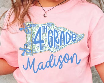 Personalized 4th Grade Back to School Shirt,Custom Name Floral Pennant Tee,Pennant Flag Kid Shirt,First Day Of School Outfit,School Flag Tee