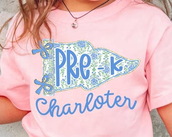 Floral Pre-K Pennant Shirt, Pre-K Back to School Shirt for Girls, Custom Name Toddler Tee, Coquette Back to School Shirt, School Flag Tee