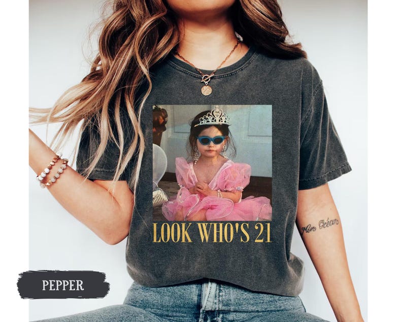 Personalized Vintage Photo 21st Birthday Shirt, Look Who’s 21 Funny Shirt, Custom Photo & Age Birthday Tee, Vintage Birthday Gift for Her image 1