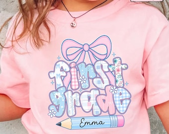 Custom Kids Name Back To School, Girl First Grade Shirt, Preppy 1st Grade Shirt for Girls, Elementary First Day Of School Outfit