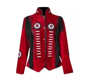 May include: A red suede jacket with black fringe and white bone accents. The jacket has a stand-up collar and a button closure.