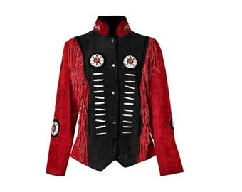 May include: A red and black suede jacket with fringe detailing and Native American inspired embroidery. The jacket has a button closure and long sleeves.