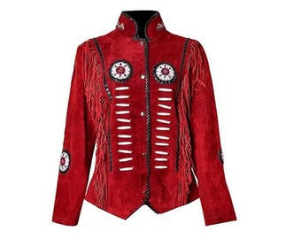 May include: Red suede jacket with fringe and beaded details. The jacket has a stand-up collar and a button closure.