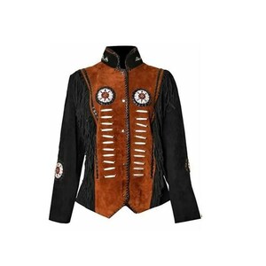 Women Suede Western Style Leather Jacket With Fringes & Beads Work - (Black / Brown) LX-WJ008