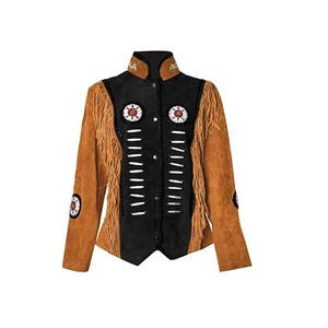 Women Suede Western Style Leather Jacket With Fringes & Beads Work - (Black / Brown) LX-WJ007