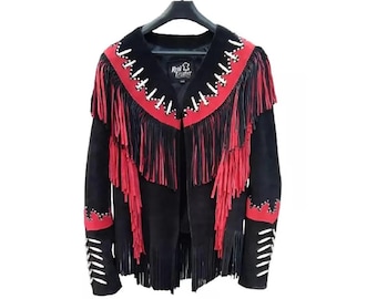 May include: Black suede jacket with red fringe and silver accents. The jacket has a V-neck and a button closure. The label on the jacket reads "Real Leather".