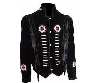 May include: Black suede jacket with fringe and beaded details. The jacket has a stand-up collar and a button closure.